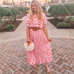 NWOT Pink Polka Dot Maxi Ruffle Dress